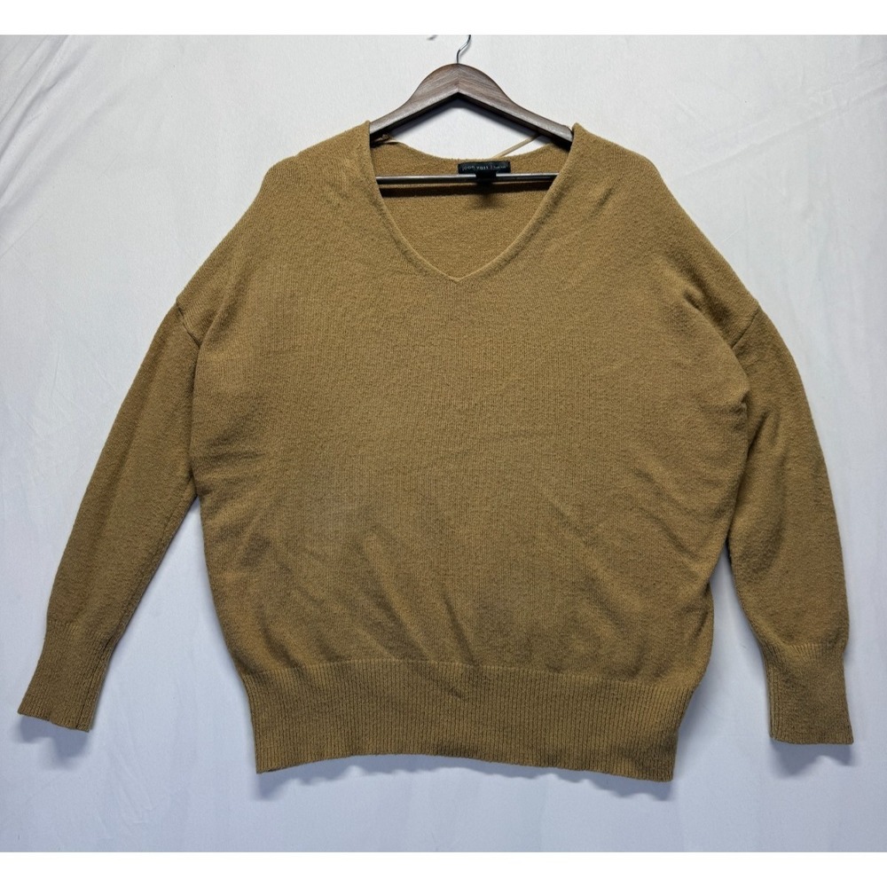 Joan Vass Sweater Womens Medium Camel Viscose Tight Knit Ribbed V Neck Oversized